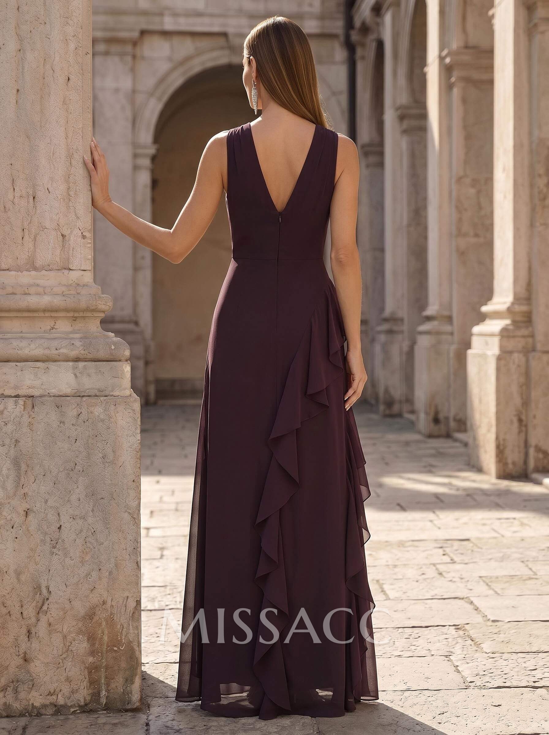 Sheath/Column Scoop Neck Floor-Length Chiffon Mother Of The Bride Dresses With Cascading Ruffles