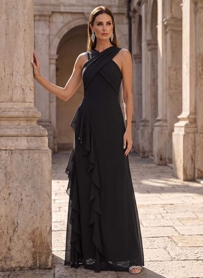 Sheath/Column Scoop Neck Floor-Length Chiffon Mother Of The Bride Dresses With Cascading Ruffles