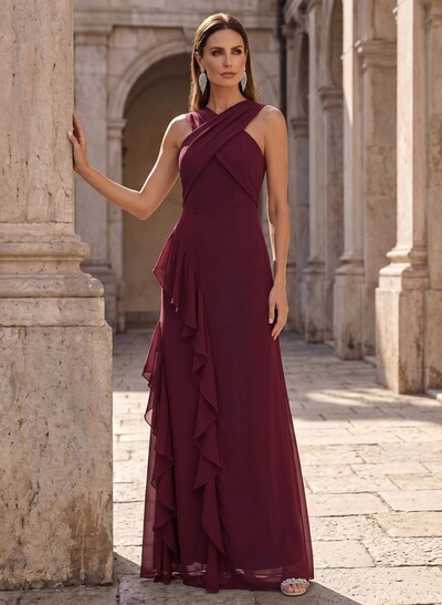 Sheath/Column Scoop Neck Floor-Length Chiffon Mother Of The Bride Dresses With Cascading Ruffles