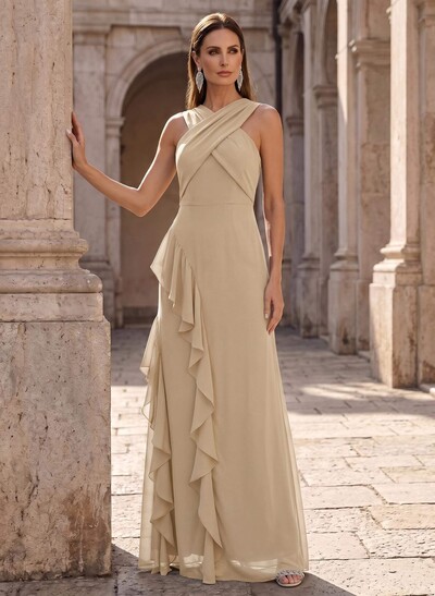 Sheath/Column Scoop Neck Floor-Length Chiffon Mother Of The Bride Dresses With Cascading Ruffles