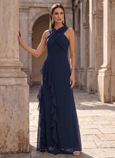 Sheath/Column Scoop Neck Floor-Length Chiffon Mother Of The Bride Dresses With Cascading Ruffles