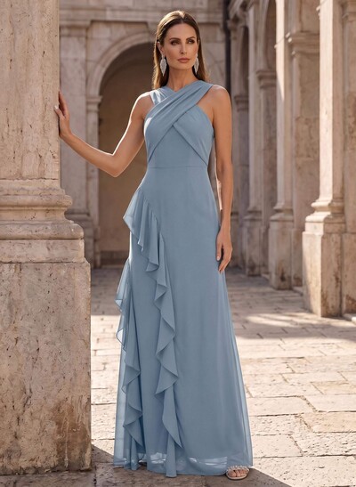 Sheath/Column Scoop Neck Floor-Length Chiffon Mother Of The Bride Dresses With Cascading Ruffles