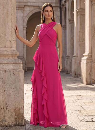 Sheath/Column Scoop Neck Floor-Length Chiffon Mother Of The Bride Dresses With Cascading Ruffles
