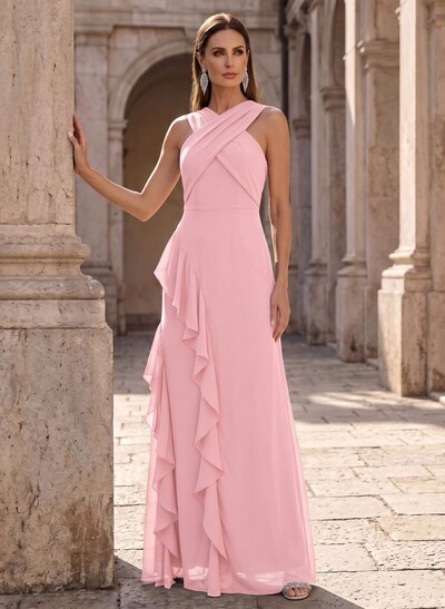 Sheath/Column Scoop Neck Floor-Length Chiffon Mother Of The Bride Dresses With Cascading Ruffles