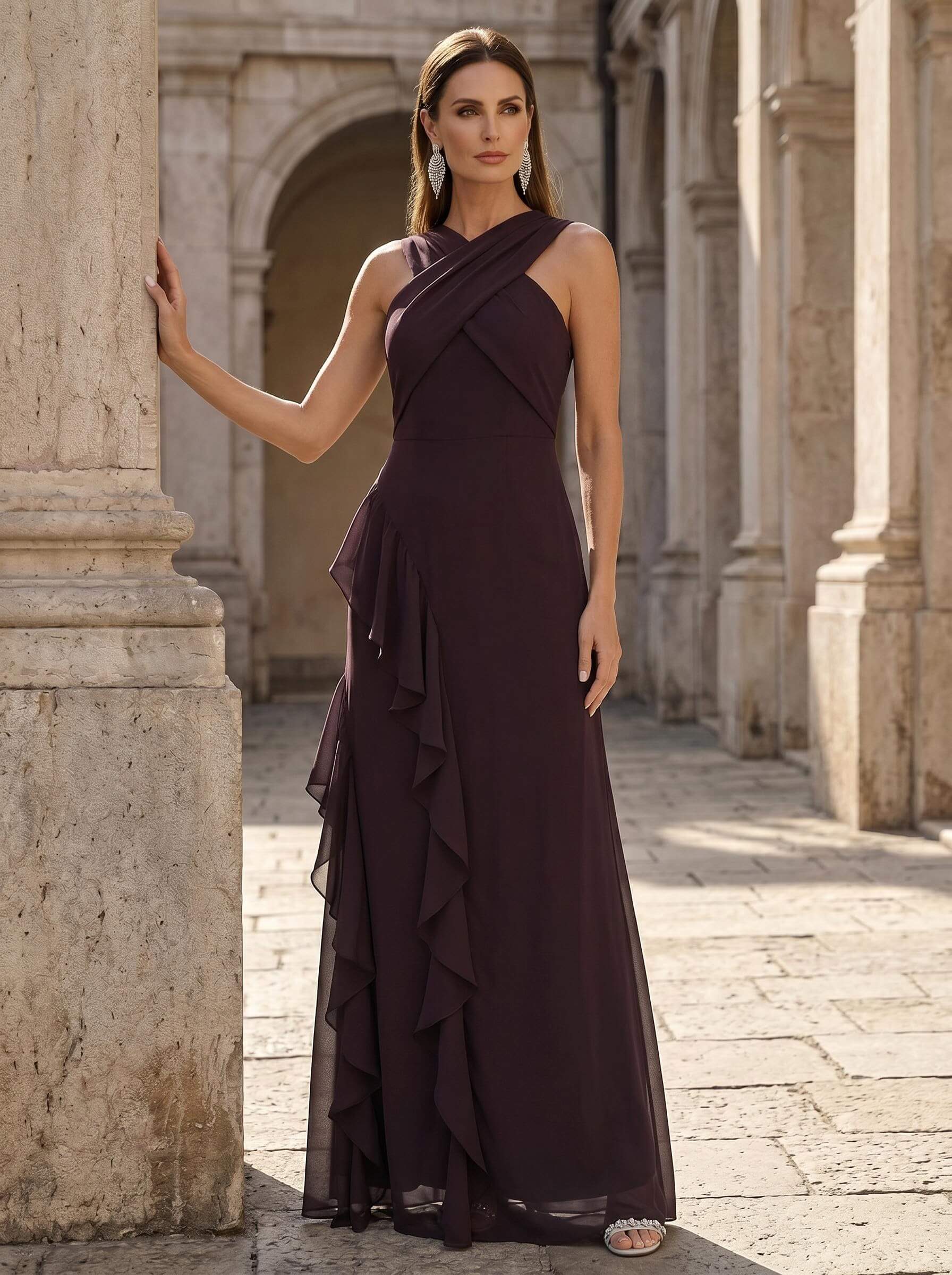 Sheath/Column Scoop Neck Floor-Length Chiffon Mother Of The Bride Dresses With Cascading Ruffles Sheath/Column Scoop Neck Floor-Length Chiffon Mother Of The Bride Dresses With Cascading Ruffles
