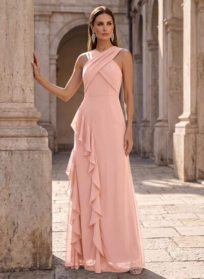 Sheath/Column Scoop Neck Floor-Length Chiffon Mother Of The Bride Dresses With Cascading Ruffles