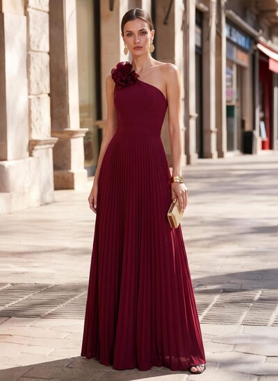 A-Line One-Shoulder Sweep Train Chiffon Mother Of The Bride Dresses With Pleated/Flower(s)
