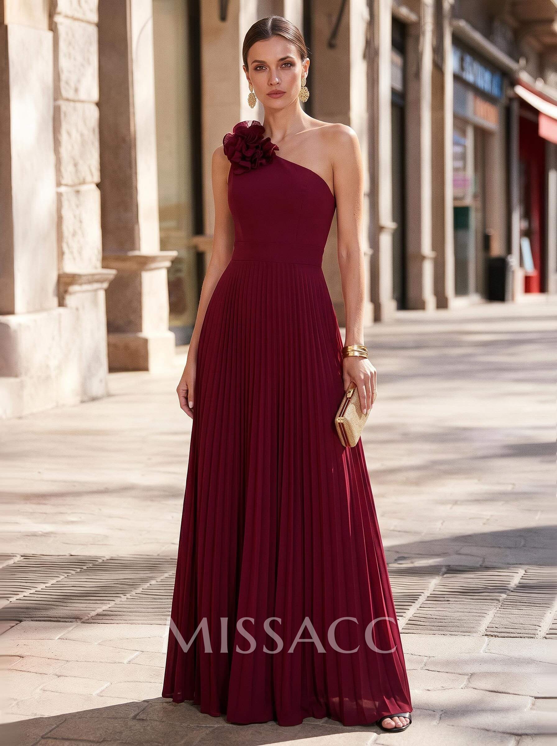 A-Line One-Shoulder Sweep Train Chiffon Mother Of The Bride Dresses With Pleated/Flower(s)