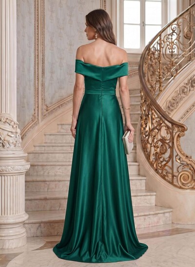 A-Line Off-The-Shoulder Sleeveless Sweep Train Satin Mother Of The Bride Dresses With Cascading Ruffles/Sash