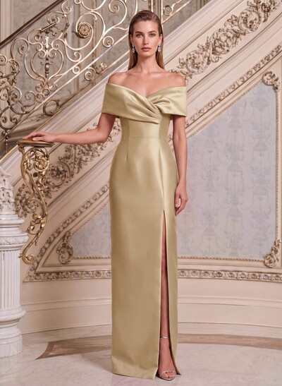 Sheath/Column V-Neck Sleeveless Floor-Length Satin Mother Of The Bride Dresses With Split Front
