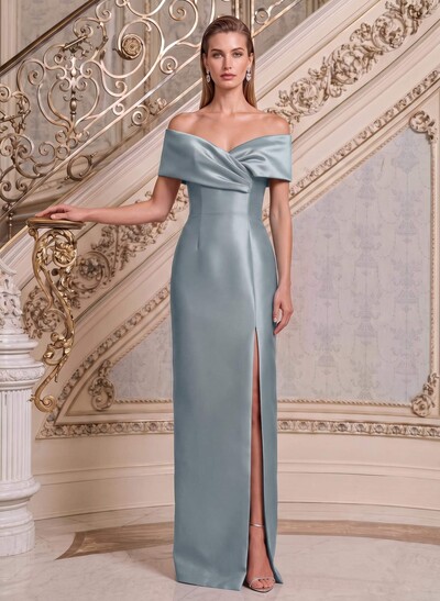 Sheath/Column V-Neck Sleeveless Floor-Length Satin Mother Of The Bride Dresses With Split Front