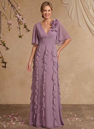 Sheath/Column V-Neck 1/2 Sleeves Floor-Length Chiffon Mother Of The Bride Dresses With Cascading Ruffles/Flower(s)