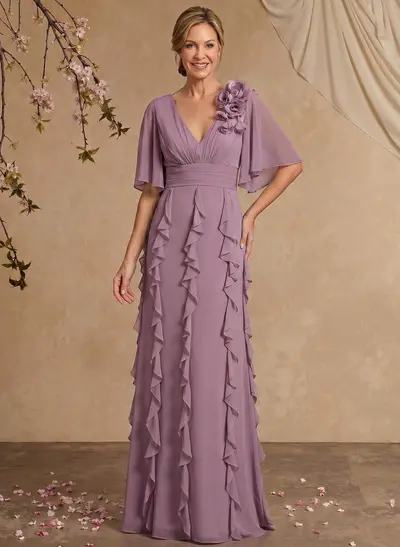 Sheath/Column V-Neck 1/2 Sleeves Floor-Length Chiffon Mother Of The Bride Dresses With Cascading Ruffles/Flower(s)
