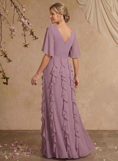 Sheath/Column V-Neck 1/2 Sleeves Floor-Length Chiffon Mother Of The Bride Dresses With Cascading Ruffles/Flower(s)