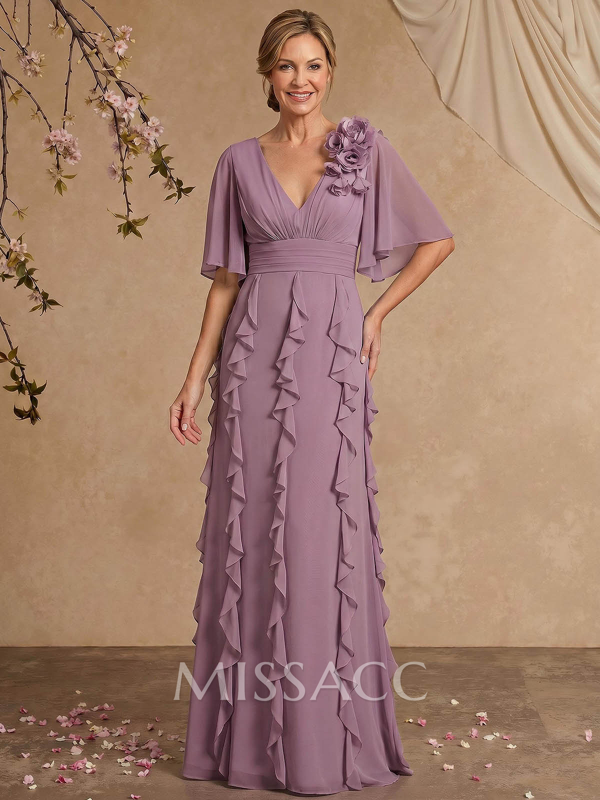 Sheath/Column V-Neck 1/2 Sleeves Floor-Length Chiffon Mother Of The Bride Dresses With Cascading Ruffles/Flower(s)