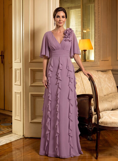 Sheath V-Neck Half Sleeve Floor-Length Chiffon Mother of the Bride Dress with Cascading Ruffles and Flowers