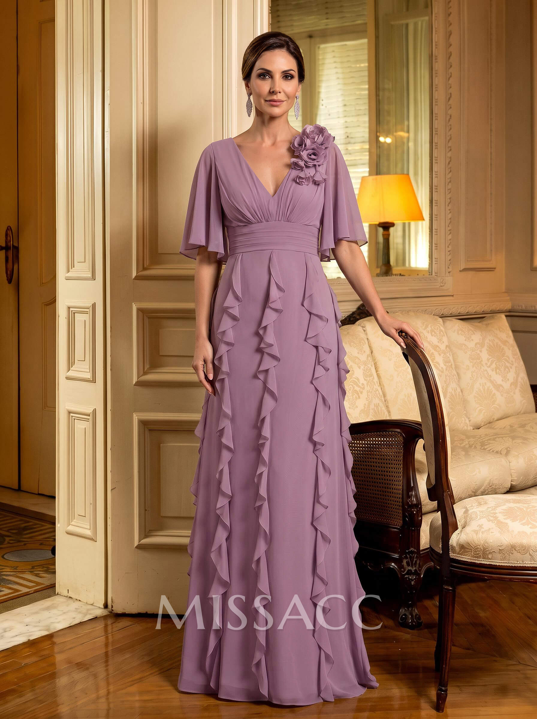 Sheath/Column V-Neck 1/2 Sleeves Floor-Length Chiffon Mother Of The Bride Dresses With Cascading Ruffles/Flower(s) Sheath/Column V-Neck 1/2 Sleeves Floor-Length Chiffon Mother Of The Bride Dresses With Cascading Ruffles/Flower(s)