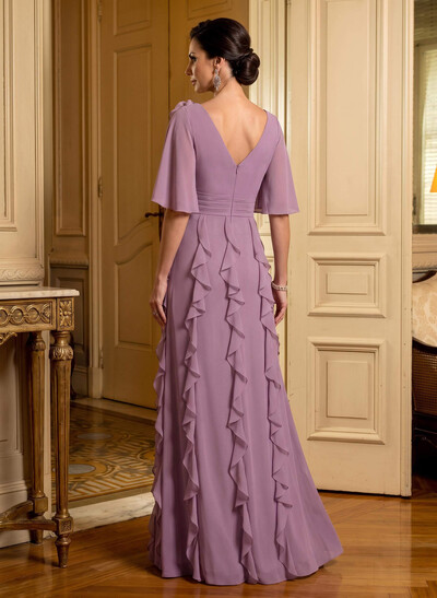 Sheath V-Neck Half Sleeve Floor-Length Chiffon Mother of the Bride Dress with Cascading Ruffles and Flowers