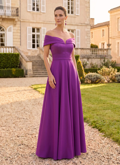 A-Line Off-The-Shoulder Sleeveless Floor-Length Crepe Satin Mother Of The Bride Dresses With Pleated