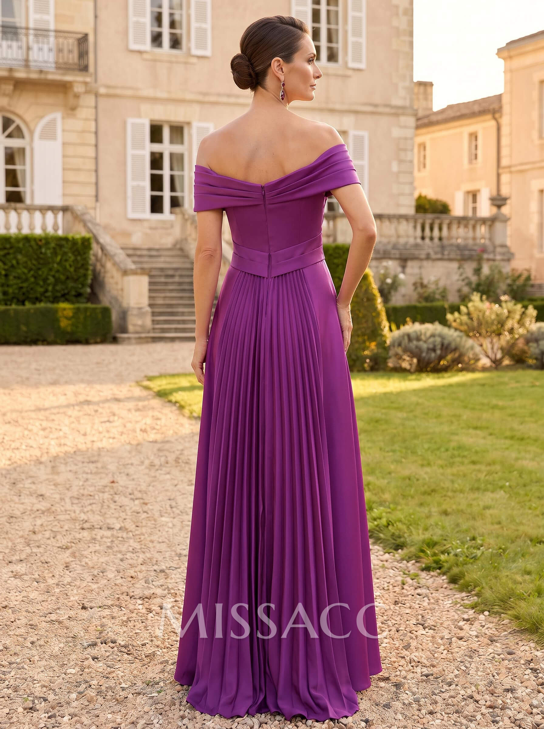 A-Line Off-The-Shoulder Sleeveless Floor-Length Crepe Satin Mother Of The Bride Dresses With Pleated