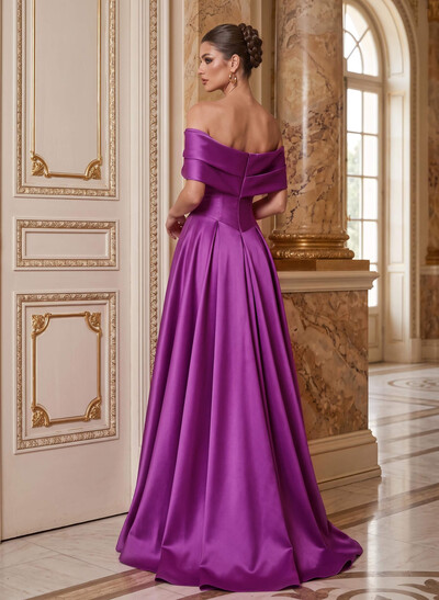 A-Line Off-The-Shoulder Sleeveless Sweep Train Satin Mother Of The Bride Dresses