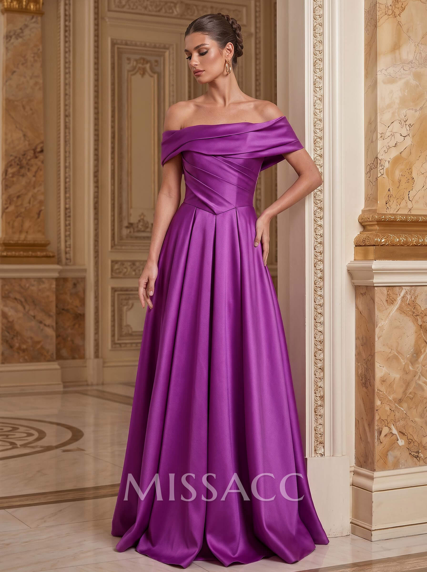 A-Line Off-The-Shoulder Sleeveless Sweep Train Satin Mother Of The Bride Dresses
