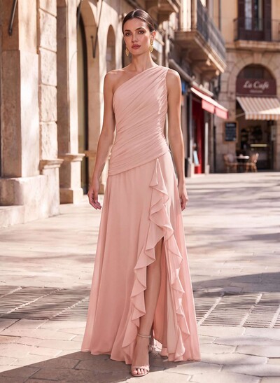 Fitted Column One-Shoulder Sleeveless Floor-Length Chiffon Mother Of The Bride Dress With Front Split And Cascading Ruffles