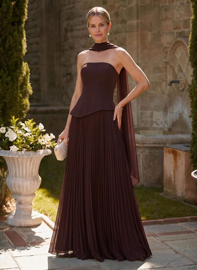 A-Line Strapless Sleeveless Floor-Length Chiffon Mother Of The Bride Dresses With Pleated