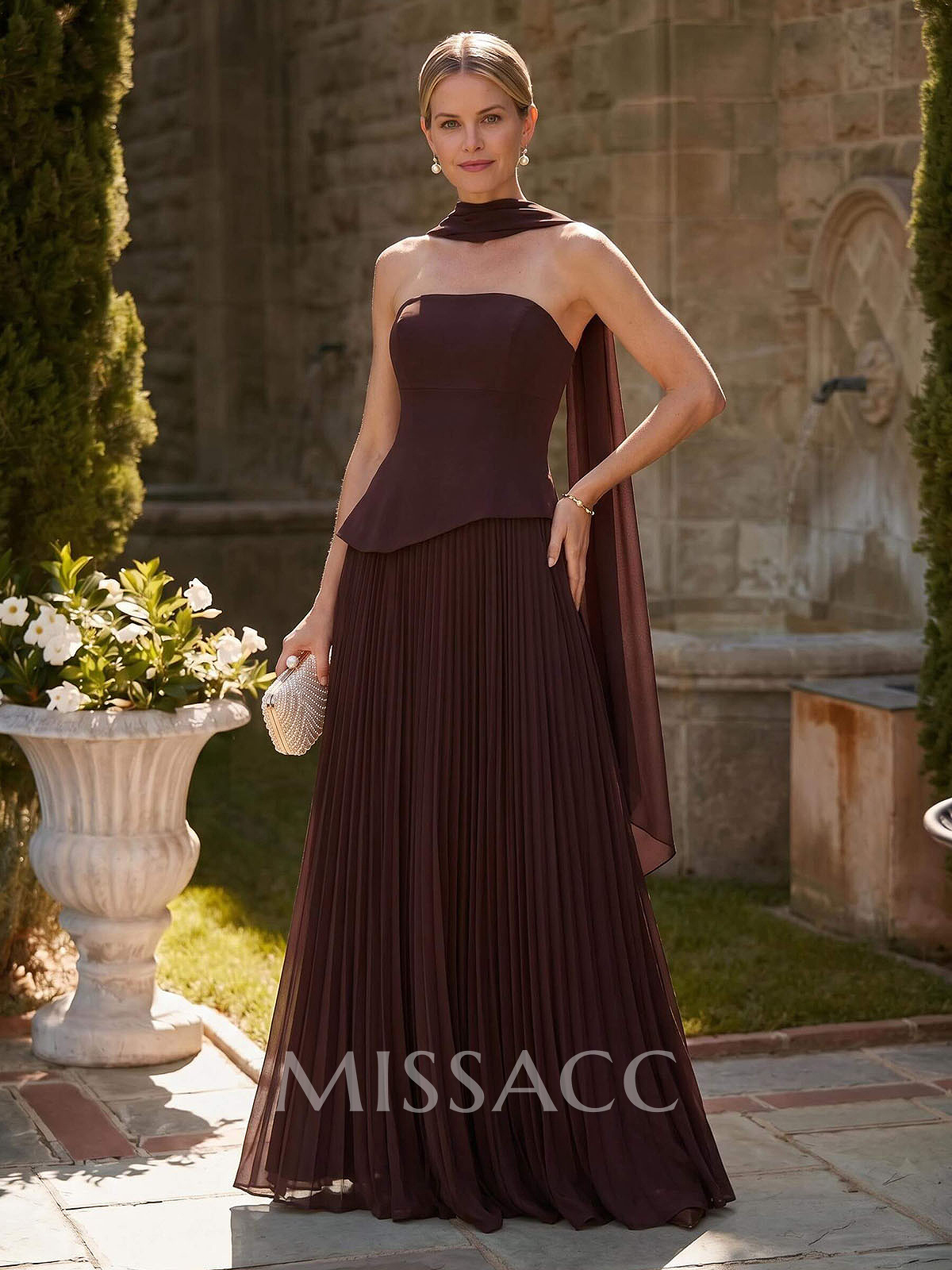 A-Line Strapless Sleeveless Floor-Length Chiffon Mother Of The Bride Dresses With Pleated