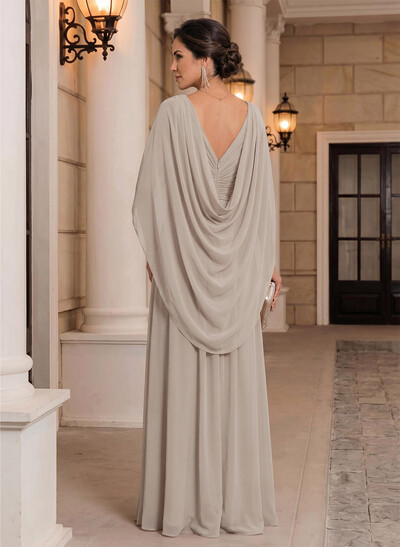 Sheath/Column V-Neck Cape Sleeves Floor-Length Chiffon Mother Of The Bride Dresses With Split Front