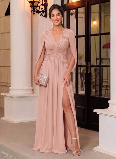 Sheath/Column V-Neck Cape Sleeve Floor-Length Chiffon Mother Of The Bride Dress With Front Split
