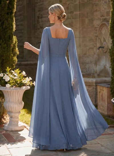 A-Line Square Neckline Cape Sleeves Floor-Length Chiffon Mother Of The Bride Dresses With Pleated