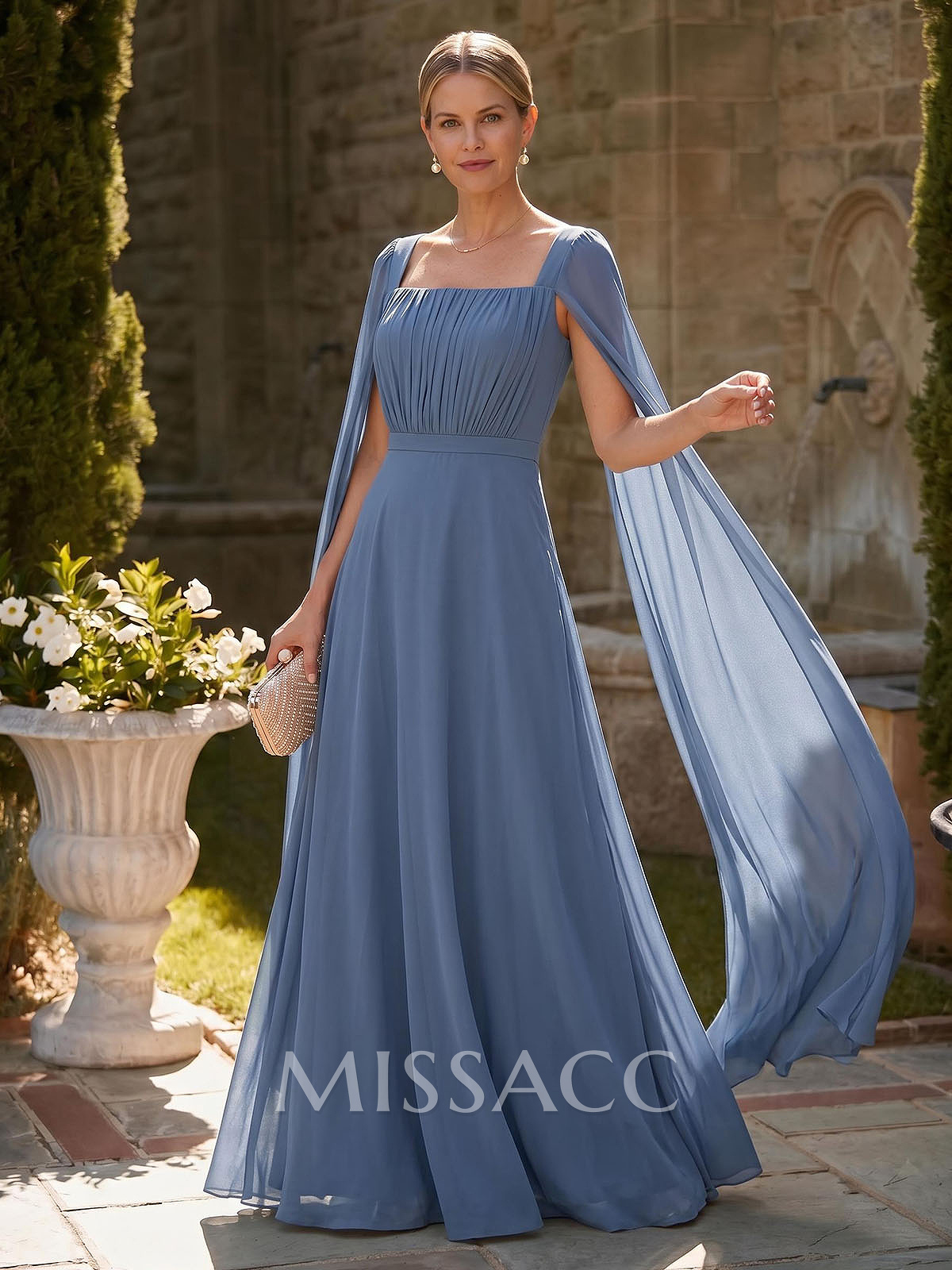 A-Line Square Neckline Cape Sleeves Floor-Length Chiffon Mother Of The Bride Dresses With Pleated