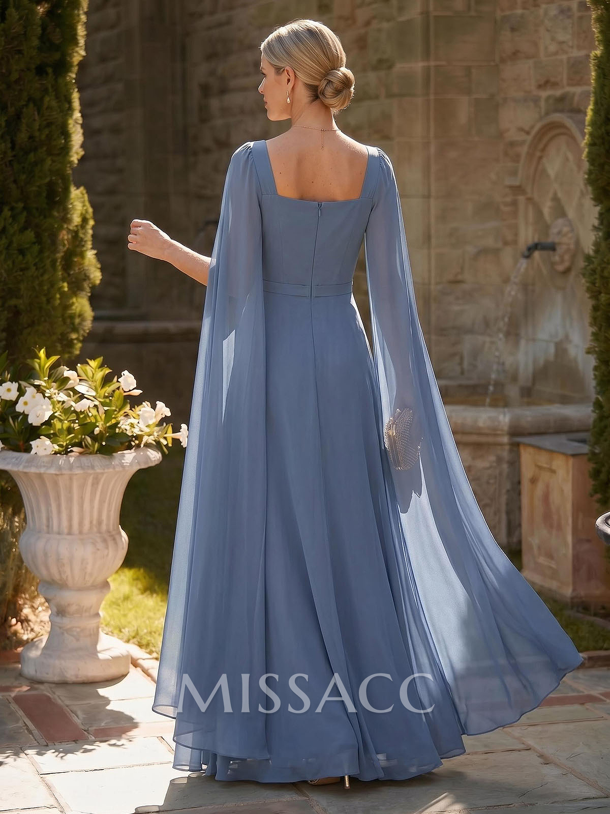 A-Line Square Neckline Cape Sleeves Floor-Length Chiffon Mother Of The Bride Dresses With Pleated
