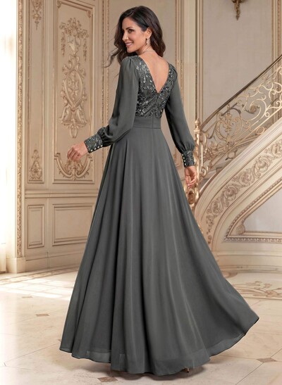 Elegant A-Line V-Neck Long Sleeves Floor-Length Chiffon Mother Of The Bride Dresses