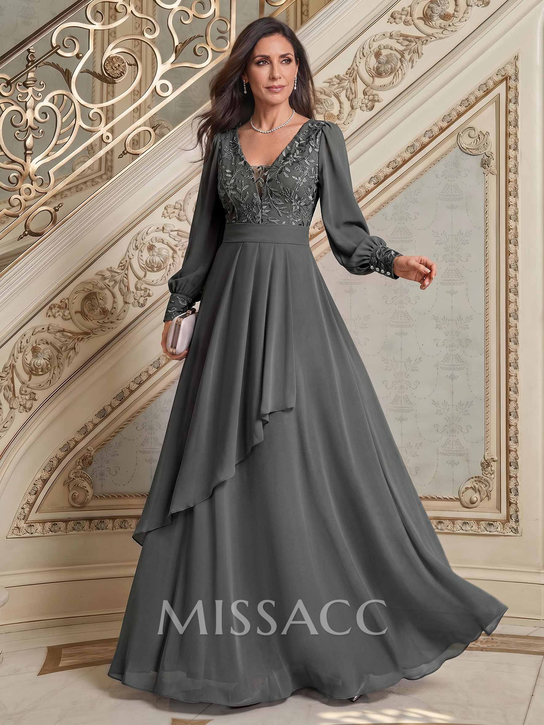Elegant A-Line V-Neck Long Sleeves Floor-Length Chiffon Mother Of The Bride Dresses