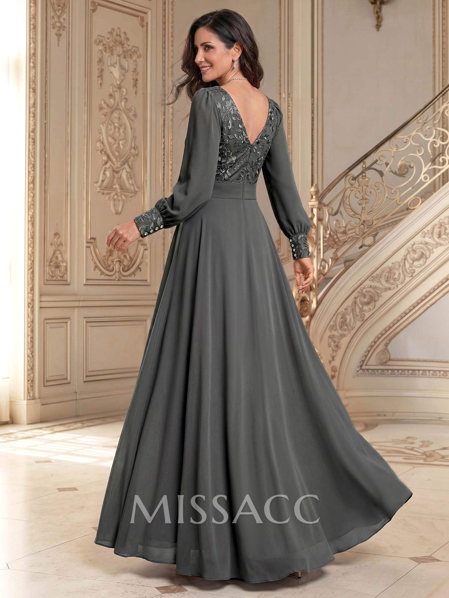 Elegant A-Line V-Neck Long Sleeves Floor-Length Chiffon Mother Of The Bride Dresses