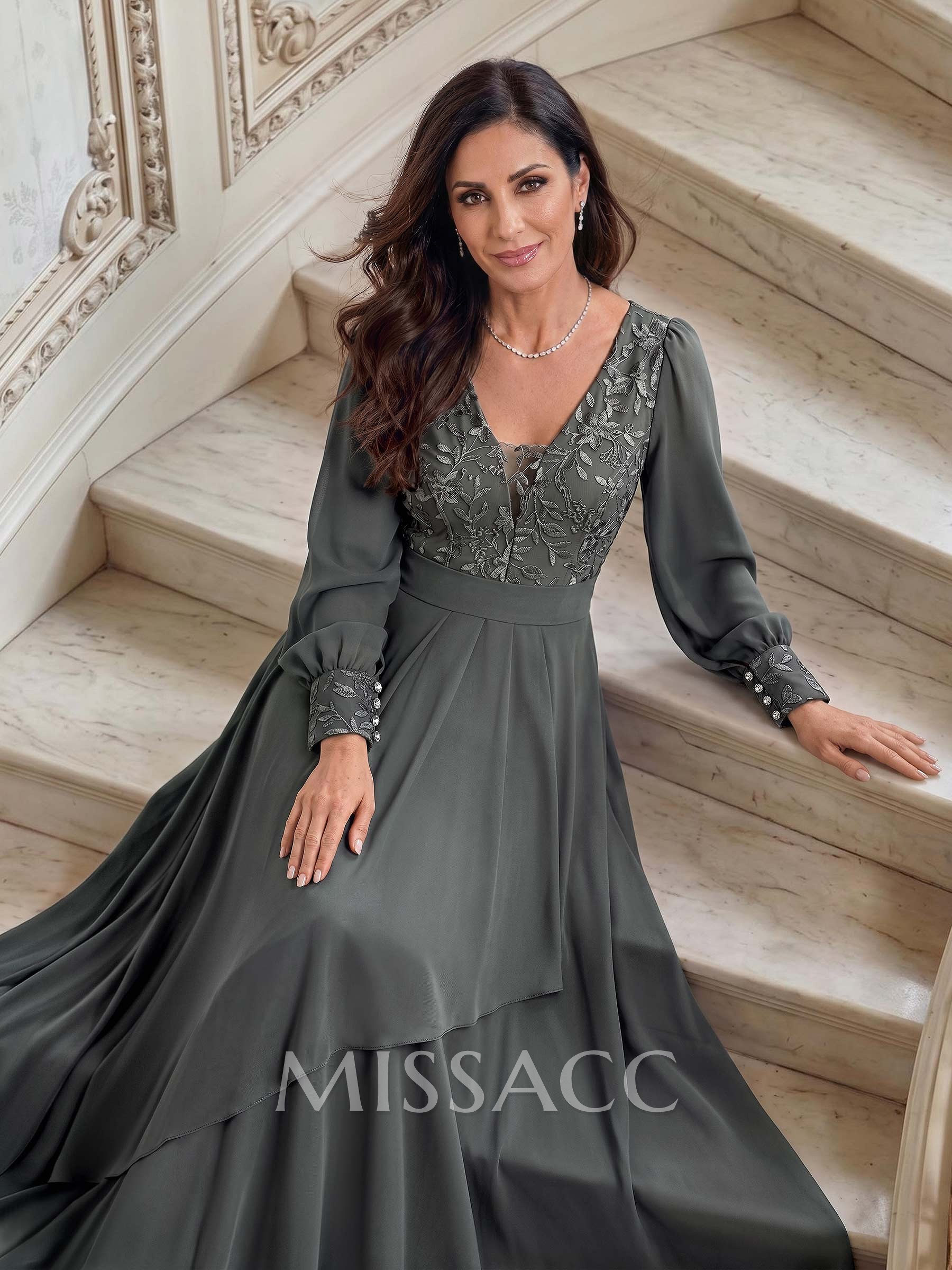 Elegant A-Line V-Neck Long Sleeves Floor-Length Chiffon Mother Of The Bride Dresses