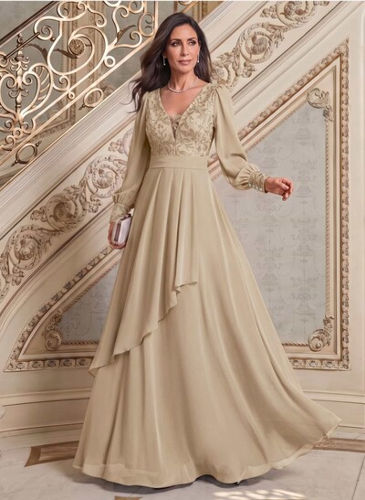 Elegant A-Line V-Neck Long Sleeves Floor-Length Chiffon Mother Of The Bride Dresses