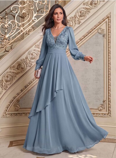 Elegant A-Line V-Neck Long Sleeves Floor-Length Chiffon Mother Of The Bride Dresses
