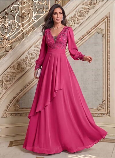 Elegant A-Line V-Neck Long Sleeves Floor-Length Chiffon Mother Of The Bride Dresses