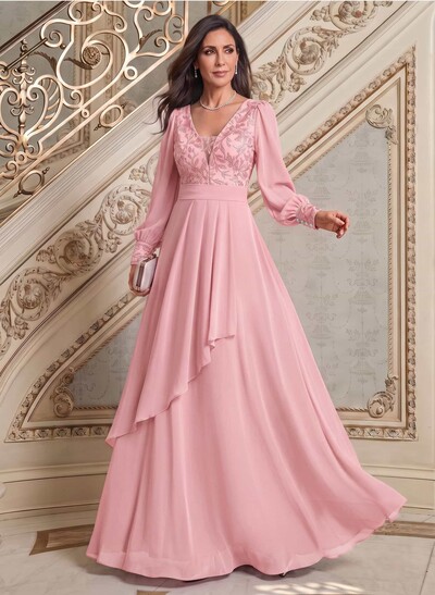 Elegant A-Line V-Neck Long Sleeves Floor-Length Chiffon Mother Of The Bride Dresses