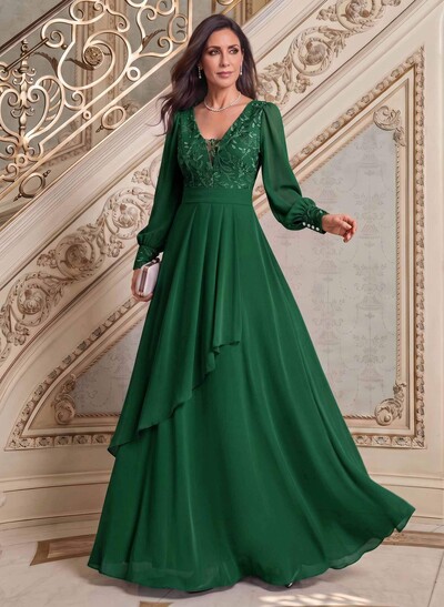 Elegant A-Line V-Neck Long Sleeves Floor-Length Chiffon Mother Of The Bride Dresses