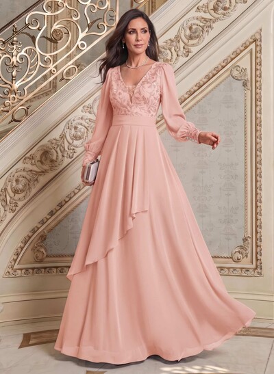 Elegant A-Line V-Neck Long Sleeves Floor-Length Chiffon Mother Of The Bride Dresses
