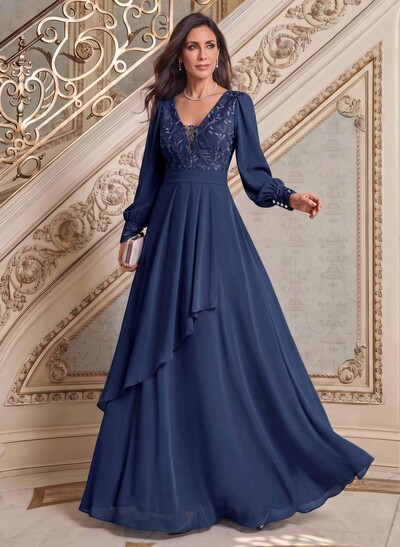 Elegant A-Line V-Neck Long Sleeves Floor-Length Chiffon Mother Of The Bride Dresses