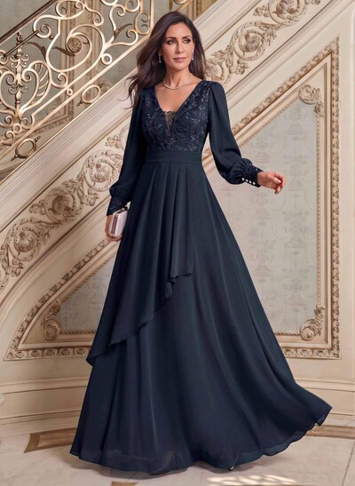 Elegant A-Line V-Neck Long Sleeves Floor-Length Chiffon Mother Of The Bride Dresses