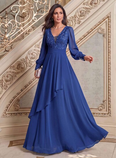 Elegant A-Line V-Neck Long Sleeves Floor-Length Chiffon Mother Of The Bride Dresses