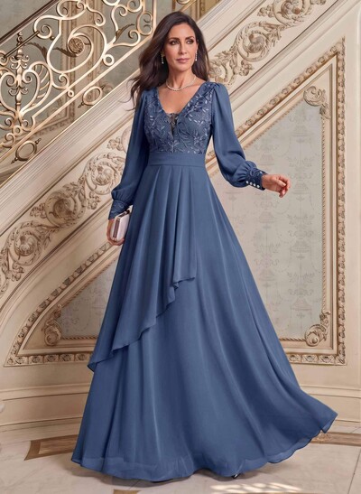 Elegant A-Line V-Neck Long Sleeves Floor-Length Chiffon Mother Of The Bride Dresses