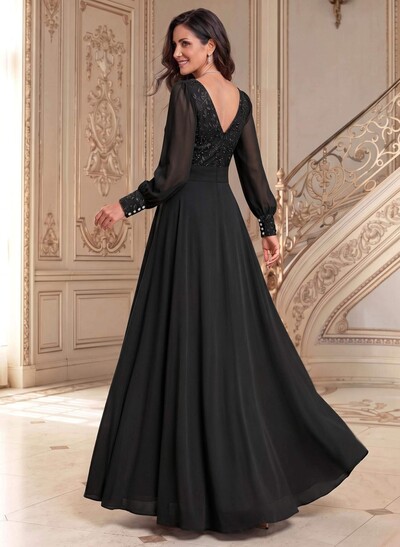Elegant A-Line V-Neck Long Sleeves Floor-Length Chiffon Mother Of The Bride Dresses