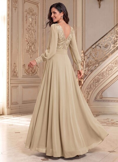 Elegant A-Line V-Neck Long Sleeves Floor-Length Chiffon Mother Of The Bride Dresses